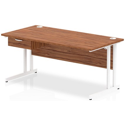 Impulse 1600mm Rectangular Desk with attached Pedestal, White Cantilever Leg, Walnut