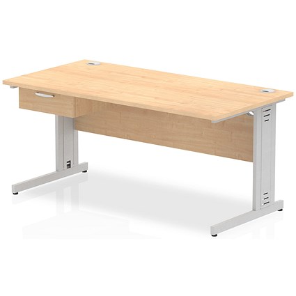 Impulse 1600mm Rectangular Desk with attached Pedestal, Silver Cable Managed Leg, Maple