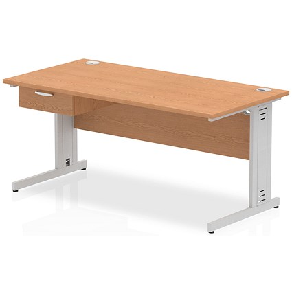 Impulse 1600mm Rectangular Desk with attached Pedestal, Silver Cable Managed Leg, Oak