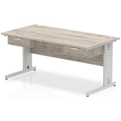 Impulse 1600mm Rectangular Desk with 2 attached Pedestals, Silver Cable Managed Leg, Grey Oak