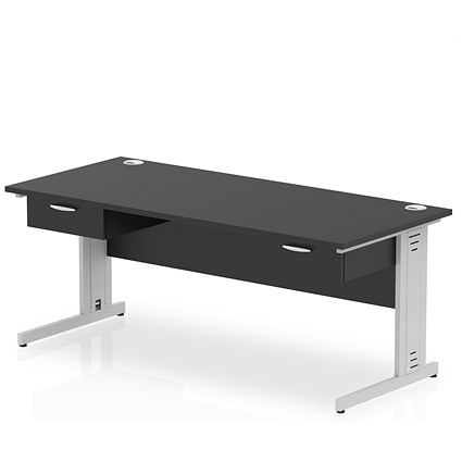 Impulse 1800mm Rectangular Desk with 2 attached Pedestals, Silver Cable Managed Leg, Black