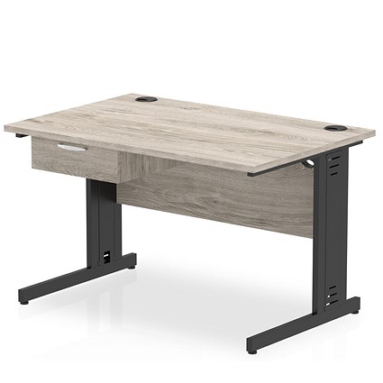 Impulse 1200mm Rectangular Desk with attached Pedestal, Black Cable Managed Leg, Grey Oak