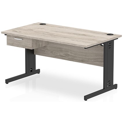 Impulse 1400mm Rectangular Desk with attached Pedestal, Black Cable Managed Leg, Grey Oak