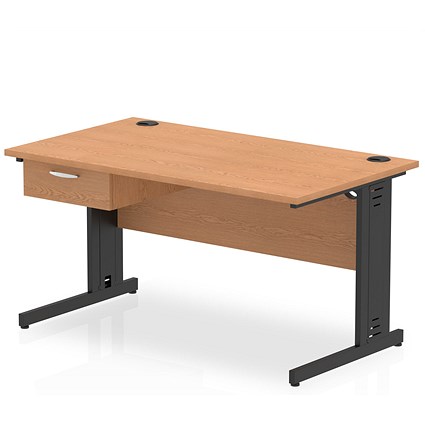 Impulse 1400mm Rectangular Desk with attached Pedestal, Black Cable Managed Leg, Oak