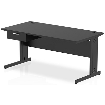 Impulse 1600mm Rectangular Desk with attached Pedestal, Black Cable Managed Leg, Black