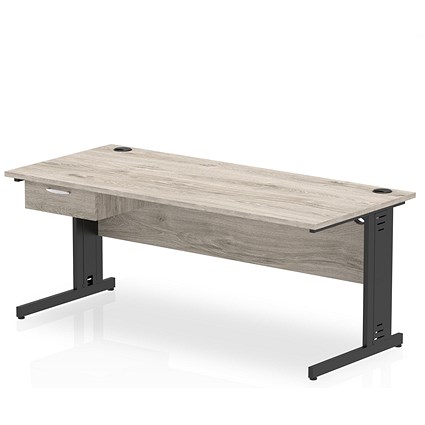 Impulse 1800mm Rectangular Desk with attached Pedestal, Black Cable Managed Leg, Grey Oak