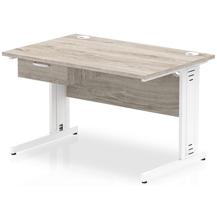 Impulse 1200mm Rectangular Desk with attached Pedestal, White Cable Managed Leg, Grey Oak