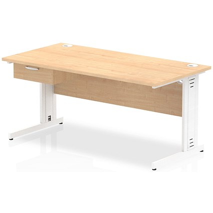 Impulse 1600mm Rectangular Desk with attached Pedestal, White Cable Managed Leg, Maple