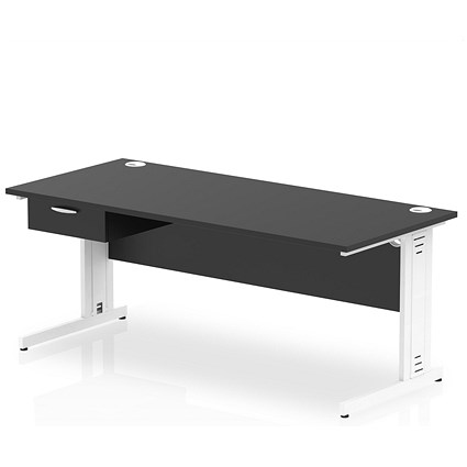 Impulse 1800mm Rectangular Desk with attached Pedestal, White Cable Managed Leg, Black