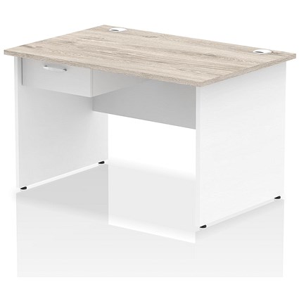 Impulse 1200mm Two-Tone Rectangular Desk with attached Pedestal, White Panel End Leg, Grey Oak