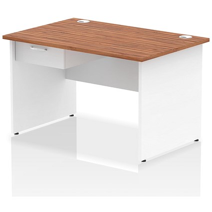 Impulse 1200mm Two-Tone Rectangular Desk with attached Pedestal, White Panel End Leg, Walnut