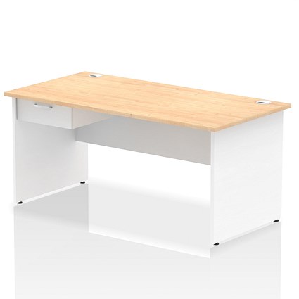 Impulse 1600mm Two-Tone Rectangular Desk with attached Pedestal, White Panel End Leg, Maple