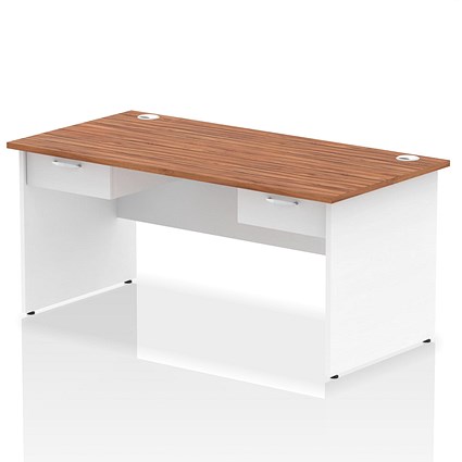 Impulse 1600mm Two-Tone Rectangular Desk with 2 attached Pedestals, White Panel End Leg, Walnut