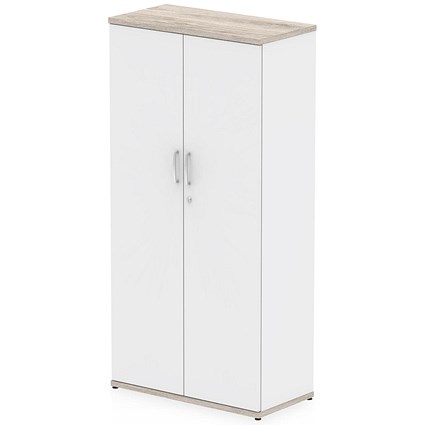 Impulse Two-Tone Tall Cupboard, 3 Shelves, 1600mm High, Grey Oak and White