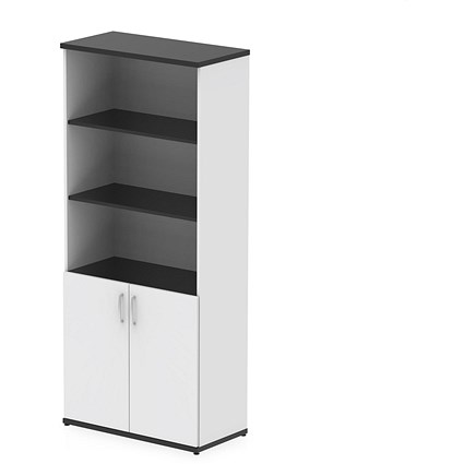 Impulse Two-Tone Extra Tall Open Shelves Cupboard, 3 Shelves, 2000mm High, Black and White with White Doors