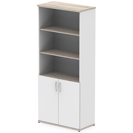 Impulse Two-Tone Extra Tall Open Shelves Cupboard, 3 Shelves, 2000mm High, Grey Oak and White with White Doors