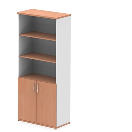 Impulse Two-Tone Extra Tall Open Shelves Cupboard, 3 Shelves, 2000mm High, Beech and White with Beech Doors