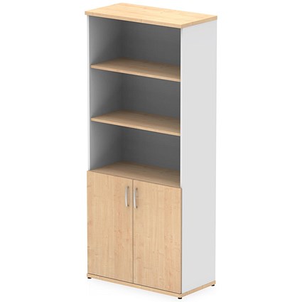 Impulse Two-Tone Extra Tall Open Shelves Cupboard, 3 Shelves, 2000mm High, Maple and White with Maple Doors