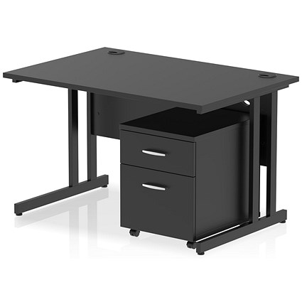 Impulse 1200mm Rectangular Desk, Black Cantilever Leg, Black, With 2 Drawer Mobile Pedestal