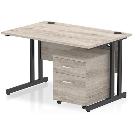 Impulse 1200mm Rectangular Desk, Black Cantilever Leg, Grey Oak, With 2 Drawer Mobile Pedestal