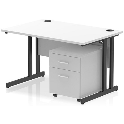 Impulse 1200mm Rectangular Desk, Black Cantilever Leg, White, With 2 Drawer Mobile Pedestal