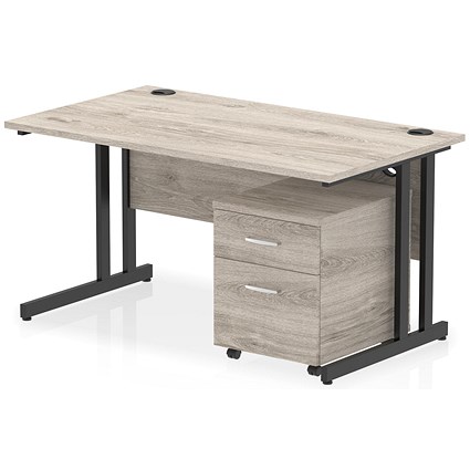 Impulse 1400mm Rectangular Desk, Black Cantilever Leg, Grey Oak, With 2 Drawer Mobile Pedestal