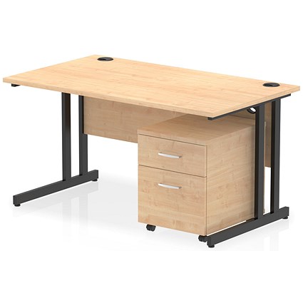 Impulse 1400mm Rectangular Desk, Black Cantilever Leg, Maple, With 2 Drawer Mobile Pedestal