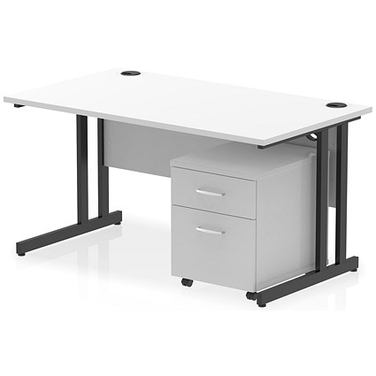 Impulse 1400mm Rectangular Desk, Black Cantilever Leg, White, With 2 Drawer Mobile Pedestal