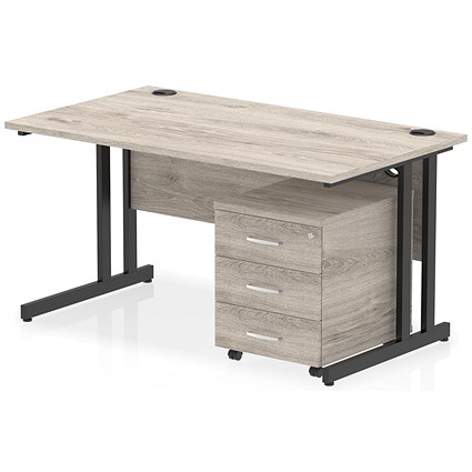 Impulse 1400mm Rectangular Desk, Black Cantilever Leg, Grey Oak, With 3 Drawer Mobile Pedestal