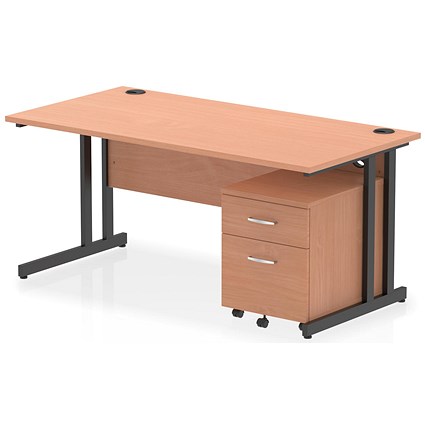 Impulse 1600mm Rectangular Desk, Black Cantilever Leg, Beech, With 2 Drawer Mobile Pedestal