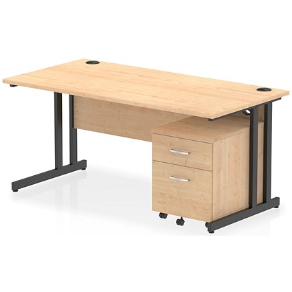 Impulse 1600mm Rectangular Desk, Black Cantilever Leg, Maple, With 2 Drawer Mobile Pedestal