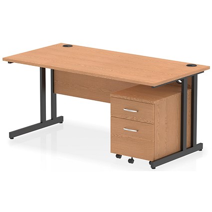 Impulse 1600mm Rectangular Desk, Black Cantilever Leg, Oak, With 2 Drawer Mobile Pedestal