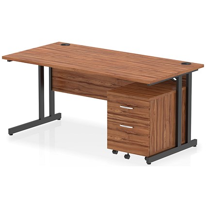 Impulse 1600mm Rectangular Desk, Black Cantilever Leg, Walnut, With 2 Drawer Mobile Pedestal