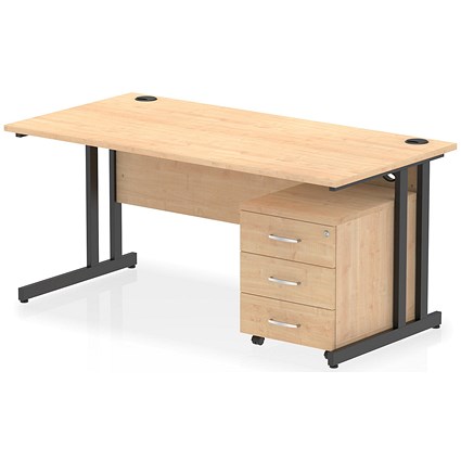 Impulse 1600mm Rectangular Desk, Black Cantilever Leg, Maple, With 3 Drawer Mobile Pedestal