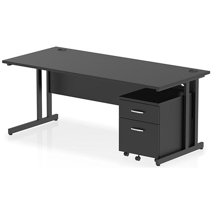 Impulse 1800mm Rectangular Desk, Black Cantilever Leg, Black, With 2 Drawer Mobile Pedestal