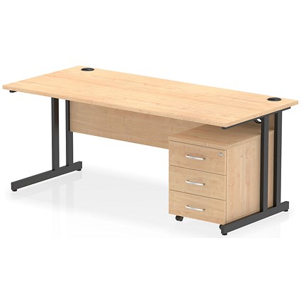 Impulse 1800mm Rectangular Desk, Black Cantilever Leg, Maple, With 3 Drawer Mobile Pedestal