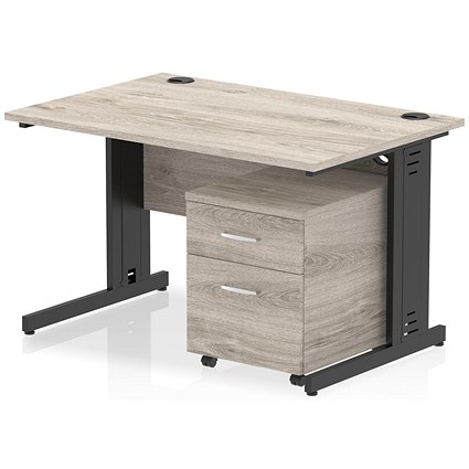 Impulse 1200mm Rectangular Desk, Black Cable Managed Leg, Grey Oak, With 2 Drawer Mobile Pedestal