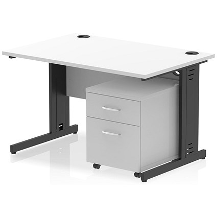 Impulse 1200mm Rectangular Desk, Black Cable Managed Leg, White, With 2 Drawer Mobile Pedestal