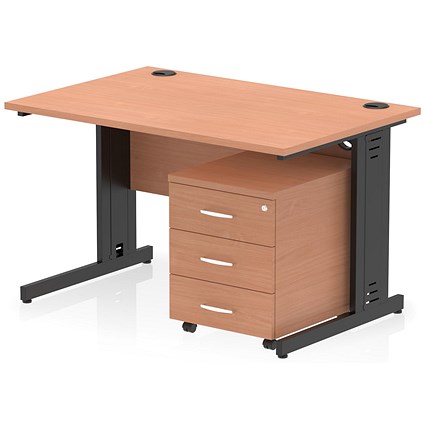 Impulse 1200mm Rectangular Desk, Black Cable Managed Leg, Beech, With 3 Drawer Mobile Pedestal