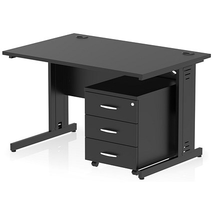 Impulse 1200mm Rectangular Desk, Black Cable Managed Leg, Black, With 3 Drawer Mobile Pedestal