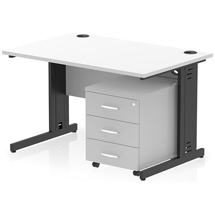 Impulse 1200mm Rectangular Desk, Black Cable Managed Leg, White, With 3 Drawer Mobile Pedestal