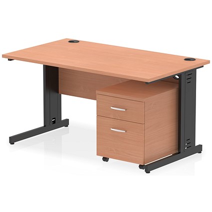 Impulse 1400mm Rectangular Desk, Black Cable Managed Leg, Beech, With 2 Drawer Mobile Pedestal