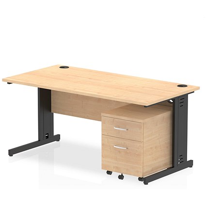 Impulse 1600mm Rectangular Desk, Black Cable Managed Leg, Maple, With 2 Drawer Mobile Pedestal