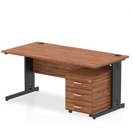 Impulse 1600mm Rectangular Desk, Black Cable Managed Leg, Walnut, With 3 Drawer Mobile Pedestal