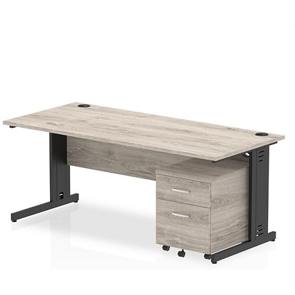 Impulse 1800mm Rectangular Desk, Black Cable Managed Leg, Grey Oak, With 2 Drawer Mobile Pedestal