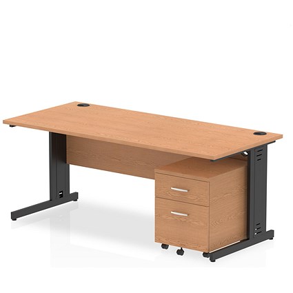 Impulse 1800mm Rectangular Desk, Black Cable Managed Leg, Oak, With 2 Drawer Mobile Pedestal