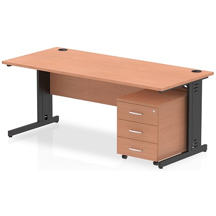 Impulse 1800mm Rectangular Desk, Black Cable Managed Leg, Beech, With 3 Drawer Mobile Pedestal