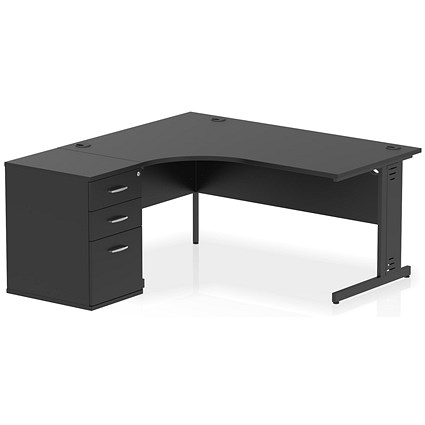 Impulse 1600mm Corner Desk, Left Hand, Black Cable Managed Leg, Black, With 600mm Deep Desk High Pedestal