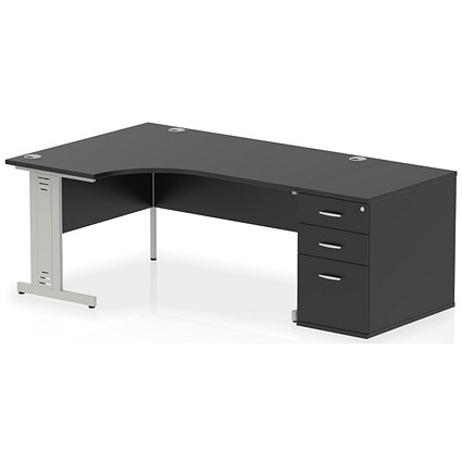 Impulse 1600mm Corner Desk, Left Hand, Silver Cable Managed Leg, Black, With 800mm Deep Desk High Pedestal