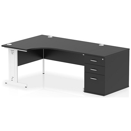 Impulse 1600mm Corner Desk, Left Hand, White Cable Managed Leg, Black, With 800mm Deep Desk High Pedestal